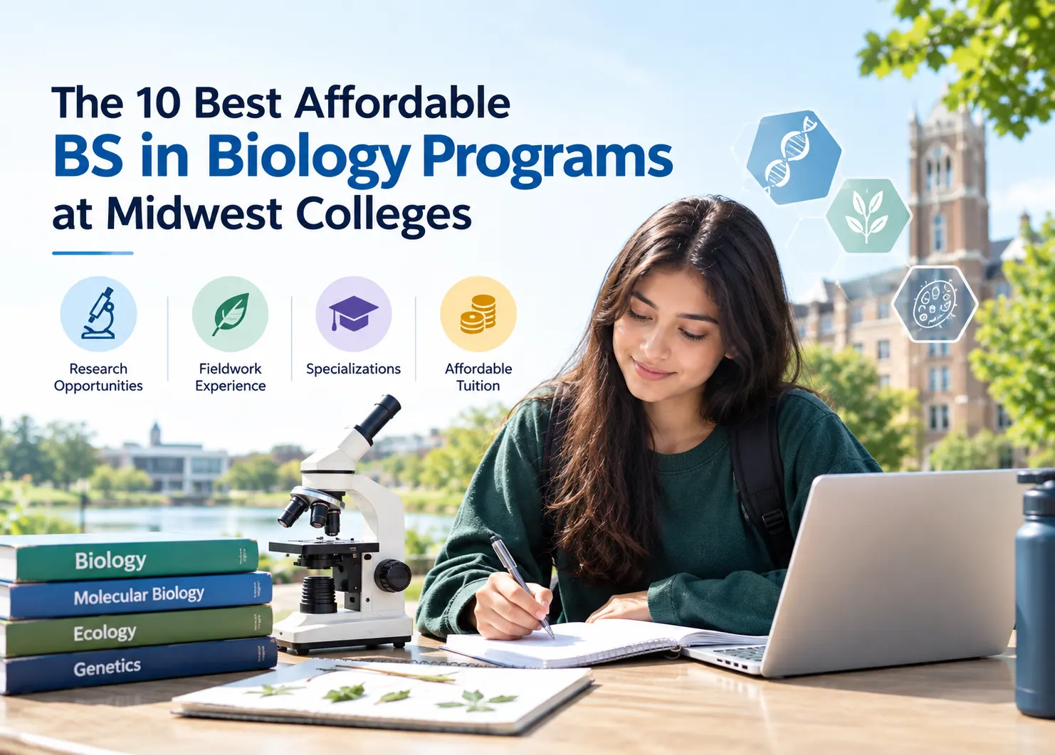 Affordable B.S. in Biology programs at Midwest colleges represented by a university campus, biology laboratory, microscopes, research equipment, DNA model, fieldwork imagery, graduation elements, and educational resources, highlighting affordable biology degrees, undergraduate research, pre-med preparation, and academic opportunities.